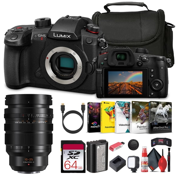Panasonic Lumix GH5 II Mirrorless Micro Four Thirds (DC-GH5M2BODY) Camera with Panasonic 10-25mm Lens + 160 LED Light + 64 GB Memory Card + Carry Case + Cleaning Kit + Art Studio Software + More