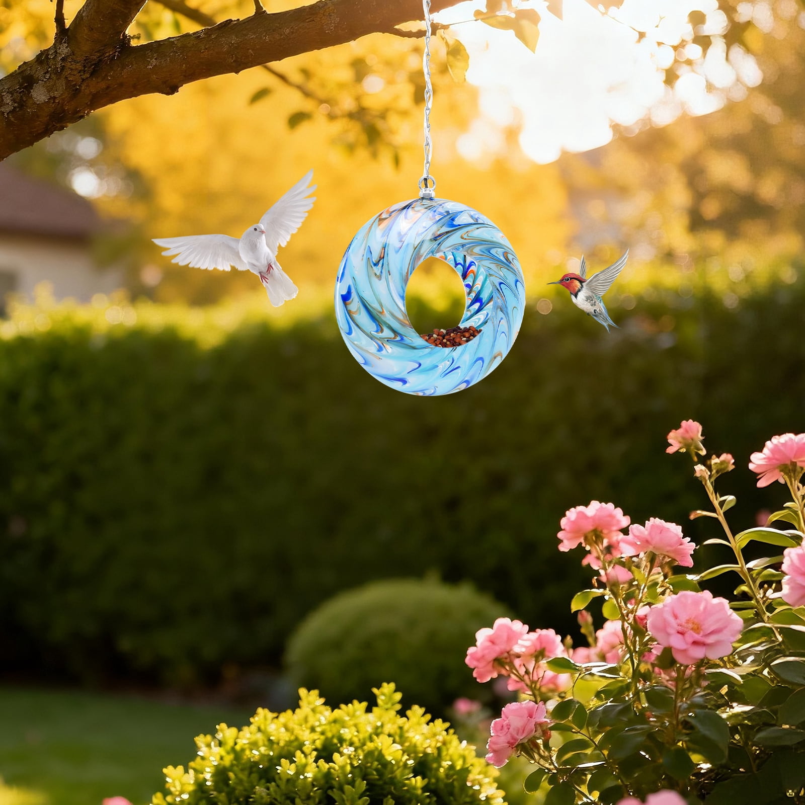 Outdoor Bird Feeder,Swirl Glass Solar Bird Feeder,Fly-Through Design with LED Lights, Decorative Outdoor Accent for Garden & Bird Watching Decor