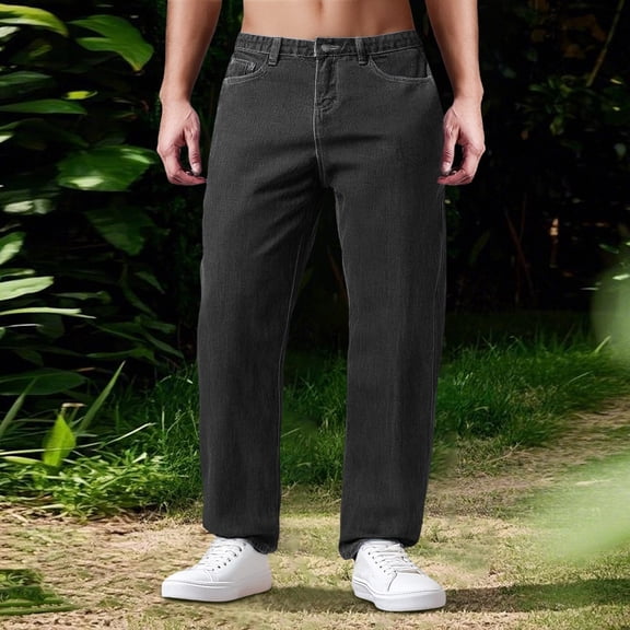 Mens Jeans Regular Fit Straight Leg Elastic Waist Denim Pants Vintage Lightweight Comfortable Workwear Classic Jeans Trousers Black L