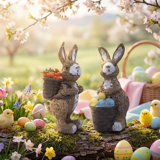 Set de adornos de resina de conejo de Pascua - Figuritas de primavera caprichosas • Decoración de mesa en ventana • Decoración duradera hecha a mano de Pascua • Estatuas de 2 piezas • Regalo festivo