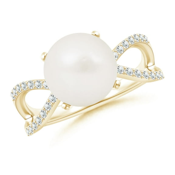 ANGARA Freshwater Cultured Pearl and Diamond Split Shank Ring in 14K Yellow Gold for Women | June Birthstone, Birthday, Anniversary, Jewelry Gift for Women | Pearl Ring