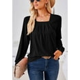 thumbnail image 2 of Solid Color Square Neck Pleated Detail Long Sleeve Blouse for Women Black Small, 2 of 5