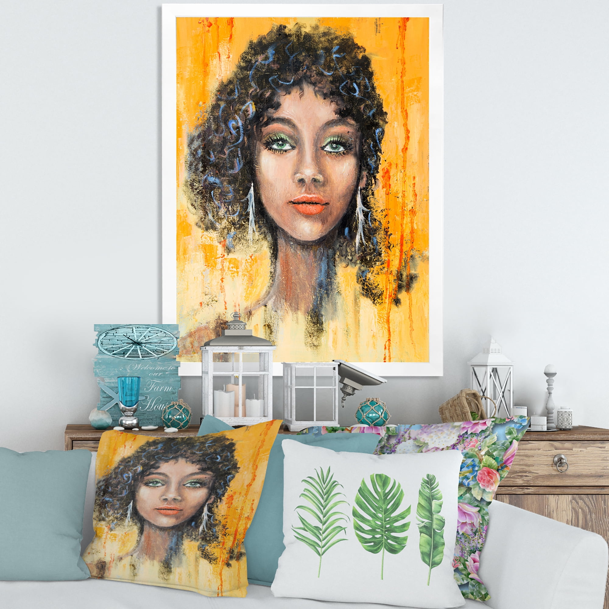Designart 'Girl Face With Green Eyes & Black Hair Impression' Modern Framed Art Print