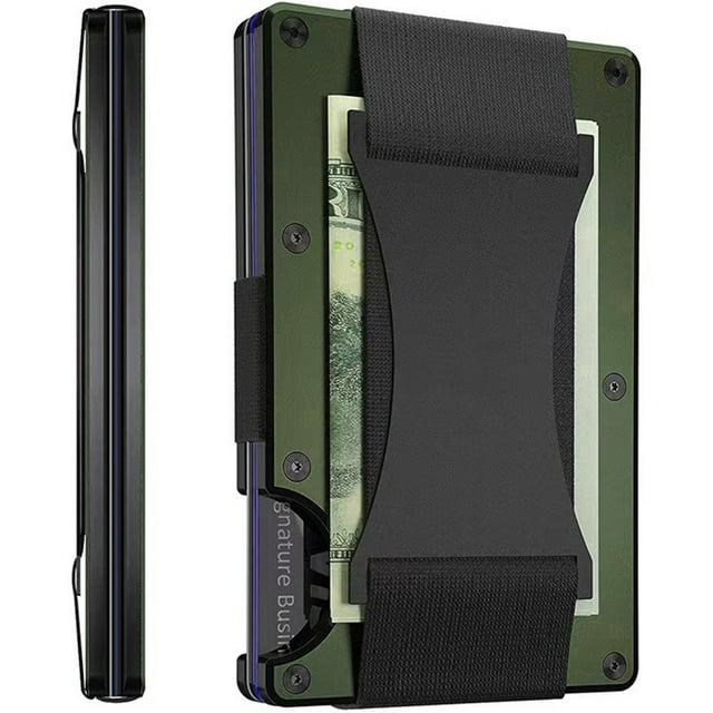Cartera delgada para hombres - Portatarjetas de crédito con bolsillo frontal con bloqueo RFID - Carteras pequeñas de metal de aluminio para hombres con correa para efectivo, verde JM