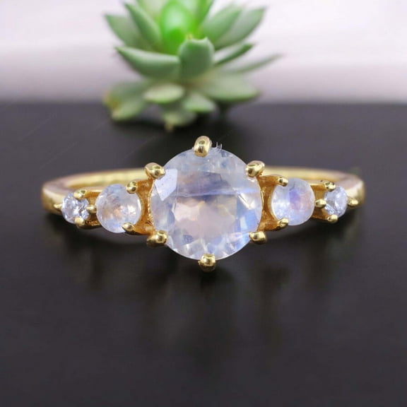 Moonstone Engagement Ring Blue Fire Natural Gemstone Ring Alternative Fine Women Jewelry Yellow Gold Plated Gift Ring