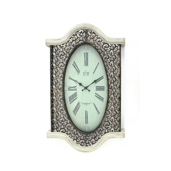 Wall Clock with Scalloped Wooden Top and Bottom, White- Saltoro Sherpi