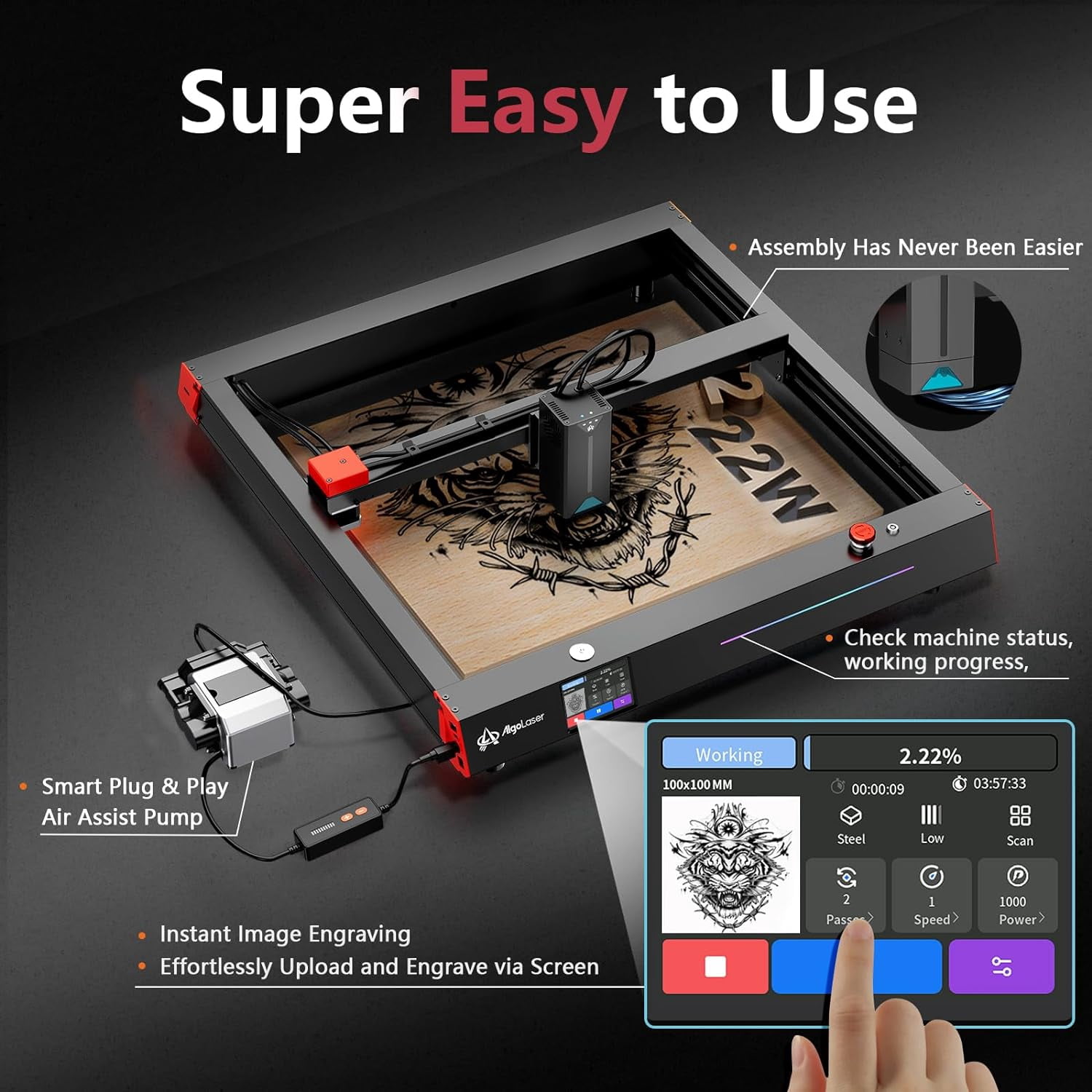 Algo Delta All-in-One Kit with 22W Engraver, Air Assist & Honeycomb for Engraving Cutting Machine, Lightburn Camera, RR2 Rotary, 3.5" Touch Screen Engraver for Dark Acrylic, Wood and Metal