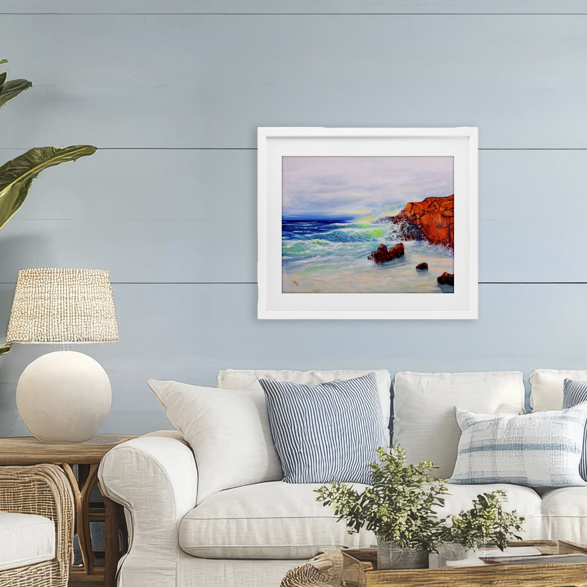 Stupell Industries Deep Blue Rocky Beach White Framed Print Under Glass, design by Lee Ann Zirbes