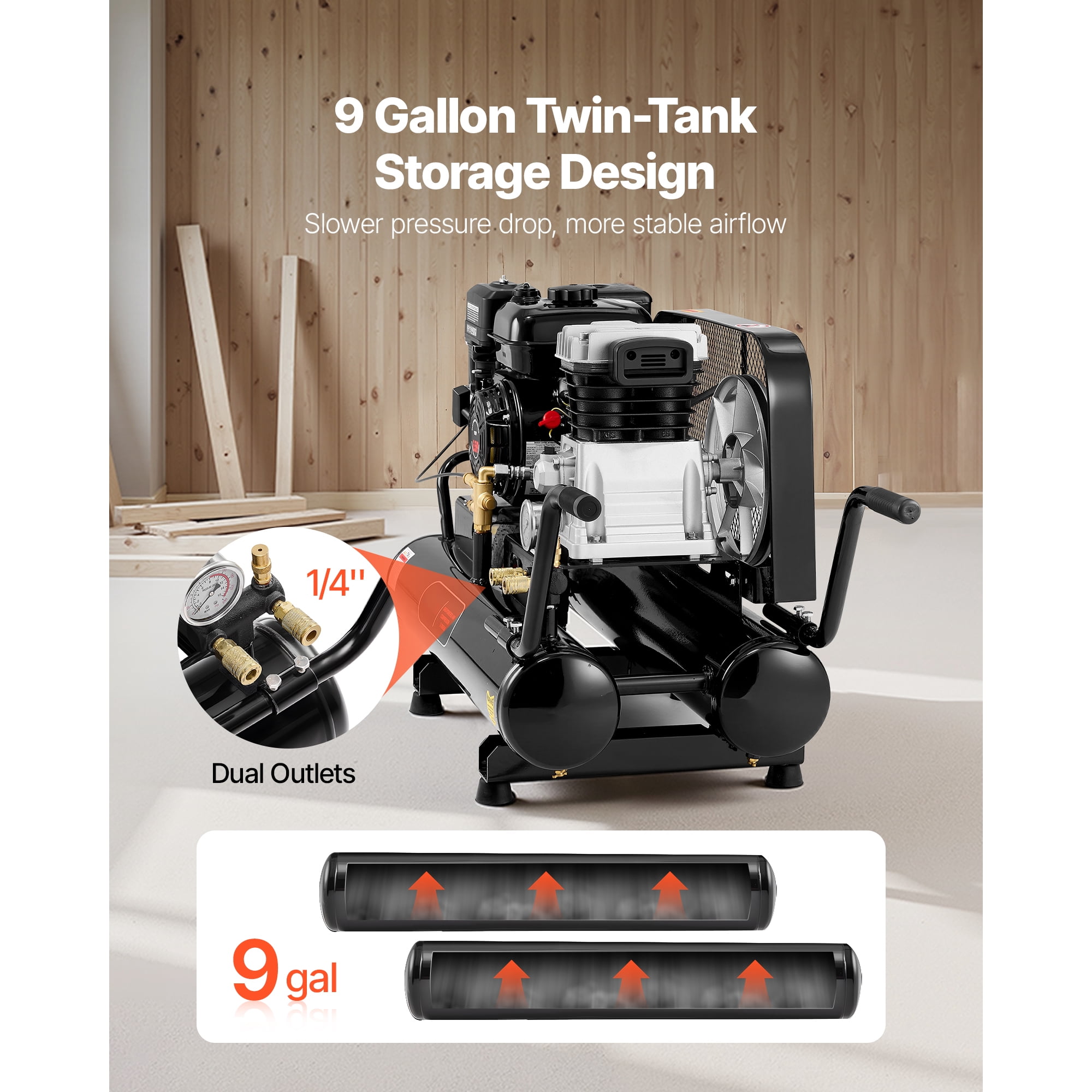 KFFKFF 9 Gallon Dual-Tank Gas Air Compressor, 6.5HP 9CFM Gas-Powered Unit with Wheels, 115PSI Piston Pump System for Tire Inflation, Automotive Repairs, and Spray Painting
