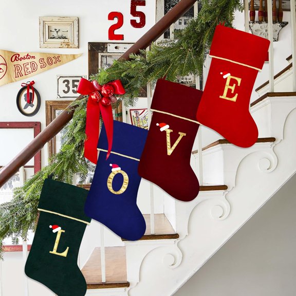 18 Inches Initial Monogram Christmas Stocking, Personalized Large Embroidered Letter Velvet Christmas Stocking with Gold Trim Decoration for Family Christmas Holiday Party Decor 1Pcs