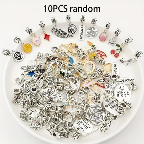 10pcs Random Vintage Alloy With Large Hole Pendant, Including Animal, Fruit, Heart, Star, Series Pendant, Suitable For DIY Jewelry Making Bracelet Necklace Decorative Accessories