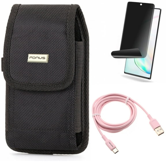 Privacy Screen Protector & Case Belt Clip & 6ft USB-C Cable for Samsung Galaxy Note 20 (6.7") - Combo with TPU Film Anti-Peep & Swivel Holster & Pink Charger Cord
