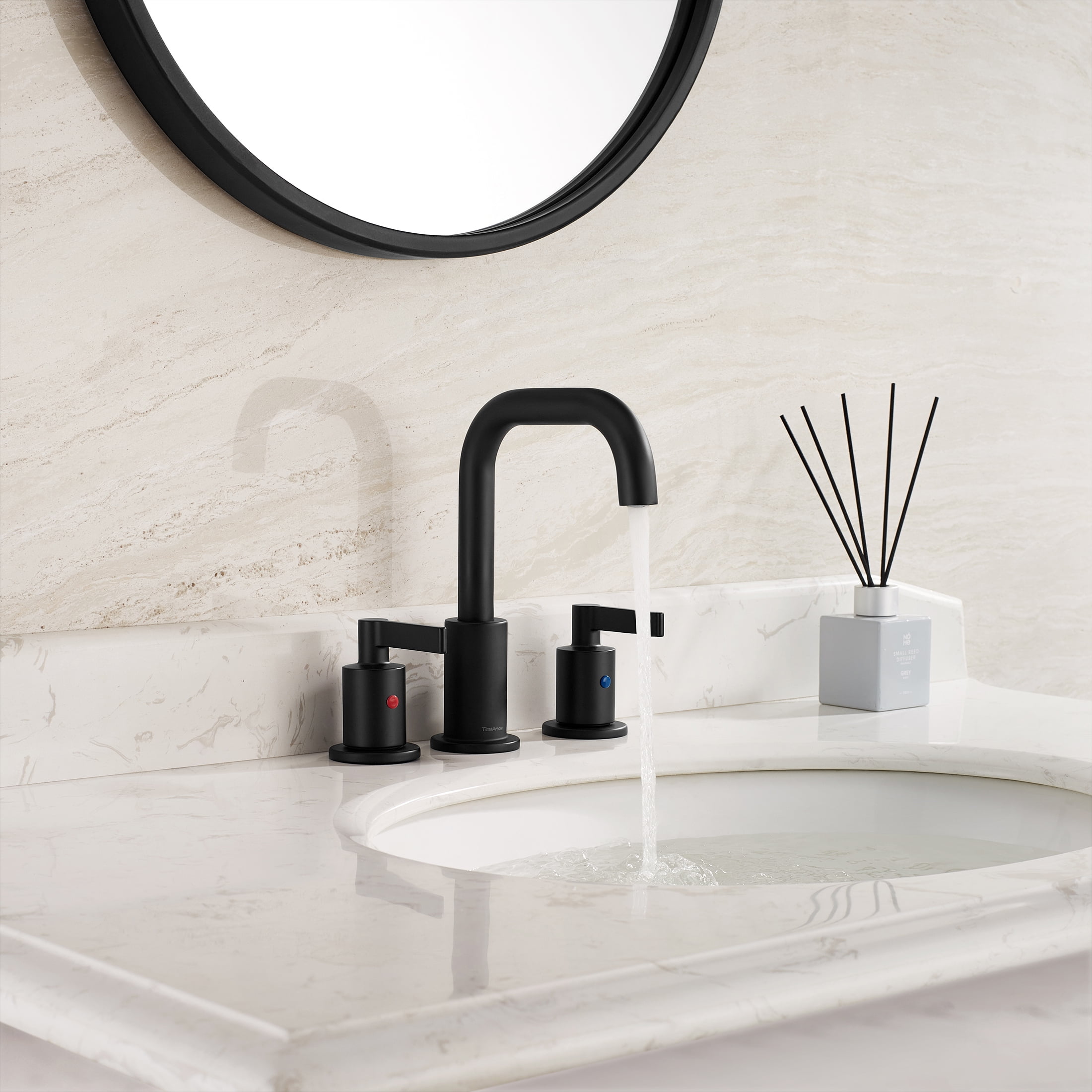Matte Black 8 inch Widespread Bathroom Sink Faucet Vanity Lavatory Faucet for 3 Holes with Pop up Drain and 360 Degree Swivel Brass Spout