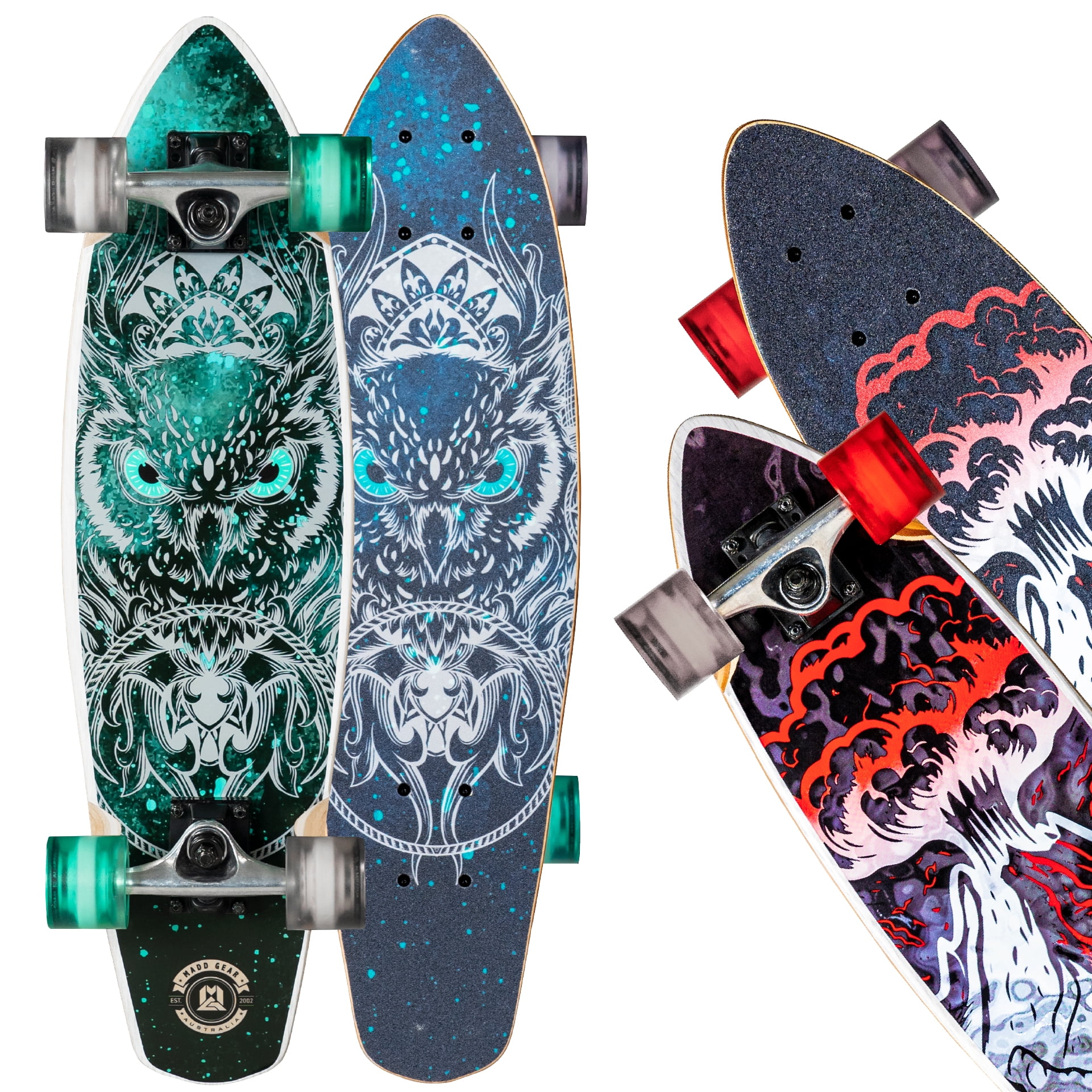 Madd Gear Planche cruiser 28 po pour enfants, ados et adultes – érable 8 plis, roues 62 mm, trucks aluminium 5 po – modèles assortis Noche ou Magma