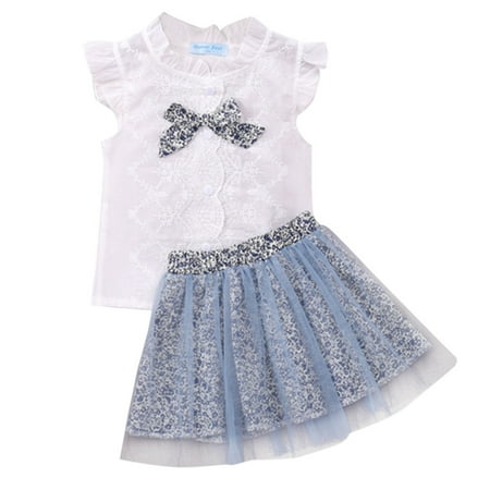 

Outfits Set For Girls Kids Toddler Ruffled Sleeve Bowknot Tops Floral Tulle Skirt 2Pcs Outfits Set