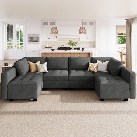 HONBAY U-Shaped Sectional Sofa with Recliner and Storage Ottomans Plush 6-Seater for Family Room, Dark Grey