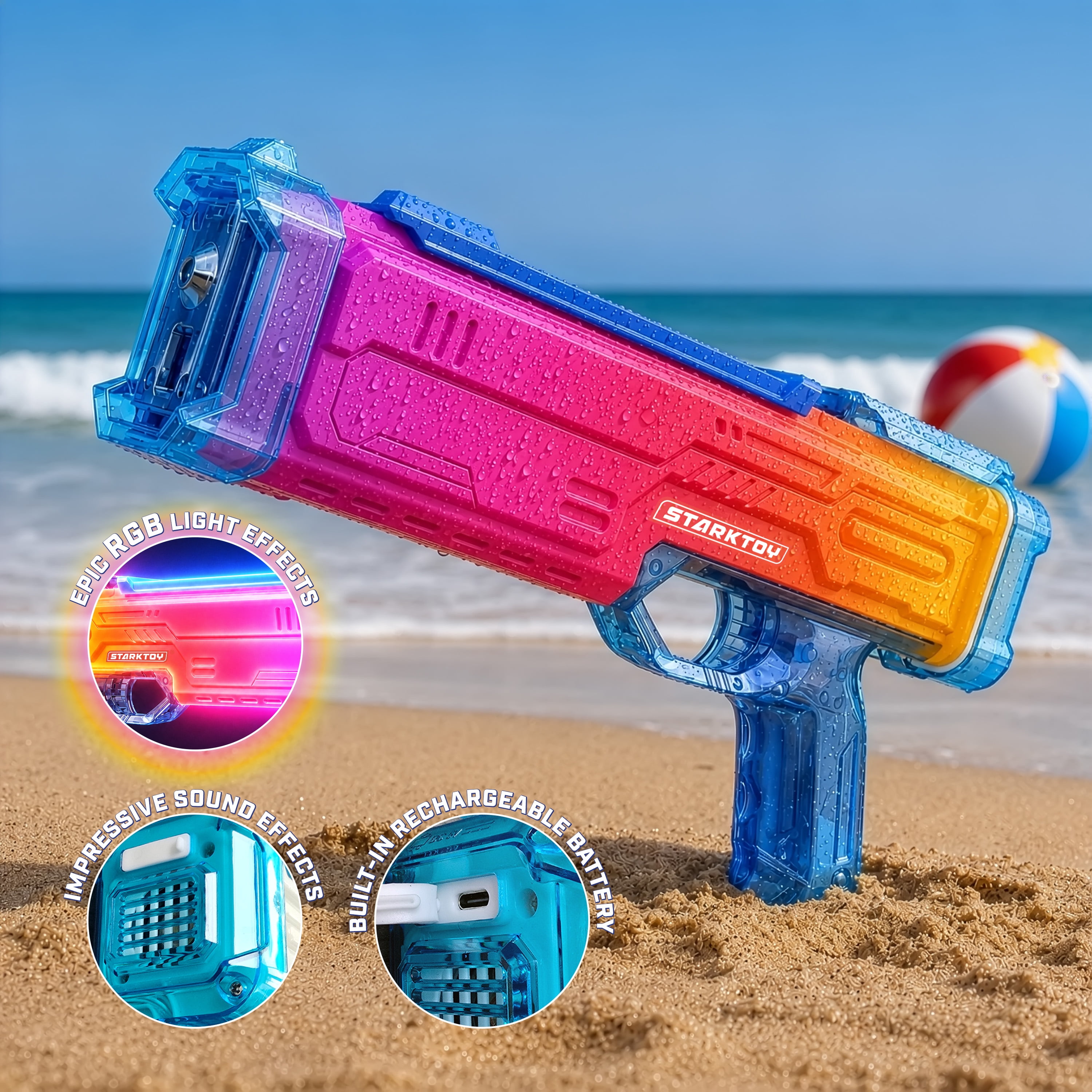 STARKTOY Electric Water Blaster Light Up Full Body Color Changing LED Squirt Gun, Automatic Rechargeable Water Gun for Kids and Adults, Long Range Soaker, Blue