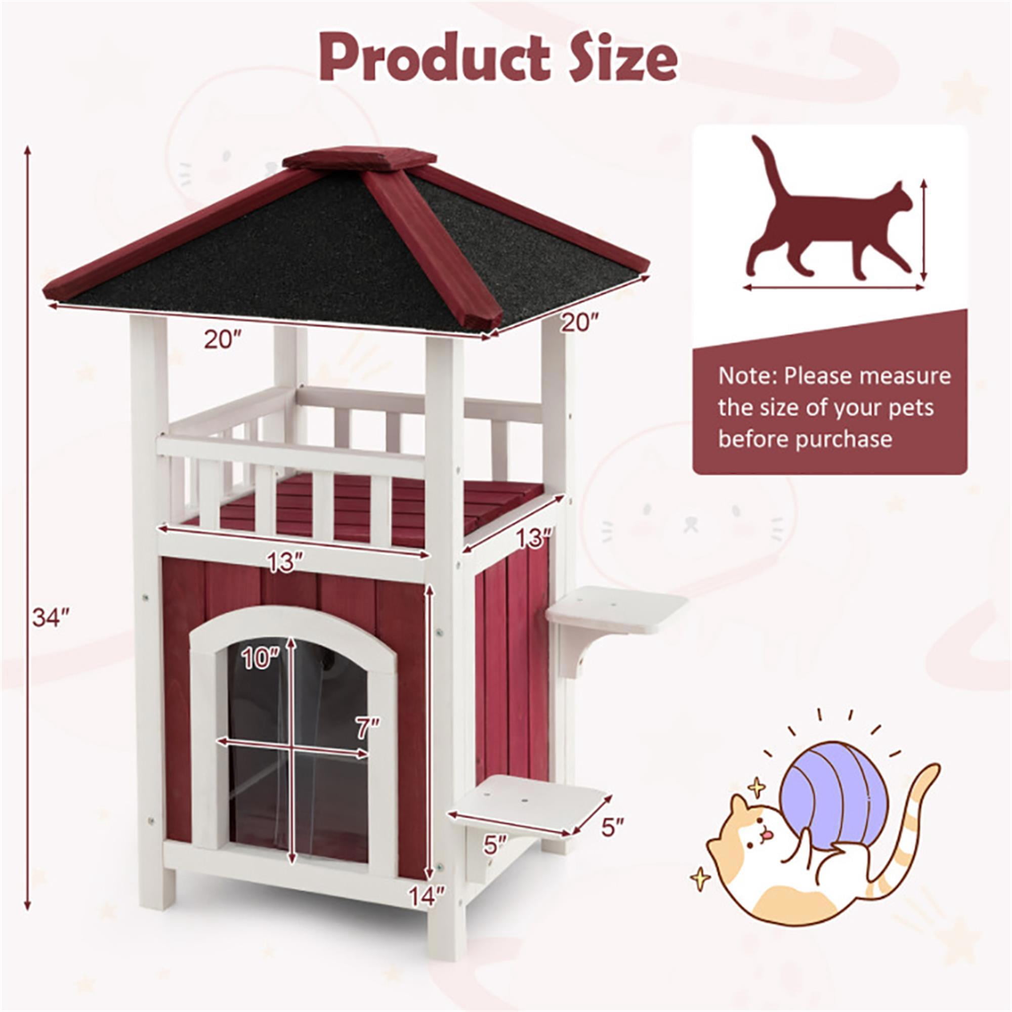 Pefilos 34" Wooden Pet Cat House for Outdoor and Indoor, Feral Cat Shelter with Jumping Platforms, Red