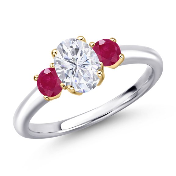 Gem Stone King 925 Silver and 10K Yellow Gold White Moissanite and Red Ruby Engagement Ring for Women | 1.40 Cttw | Oval 7X5MM | Gemstone Birthstone | Size 7