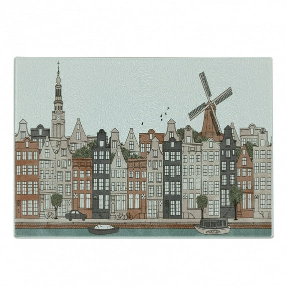 Amsterdam Cutting Board, Old Netherlands Historical Buildings European Art, Decorative Tempered Glass Cutting and Serving Board, in 3 Sizes, by Ambesonne