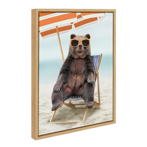 Kate and Laurel Sylvie Beach Chair Bear Framed Canvas Wall Art by Amy Peterson Art Studio, 18x24 Natural, Colorful Beach Animal Wall Decor