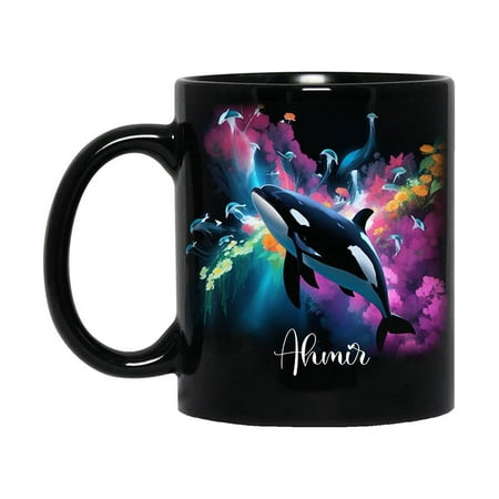 

Personalized Killer Whale Coffee Mug with Name Ahmir 11oz Black Mug - Custom Name Coffee Mug - Killer Whale Gifts