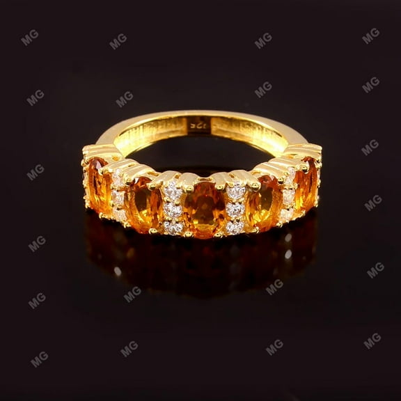 Unique Natural Citrine Ring 5 Stone Citrine Statement Ring, Eternity Half Wedding Ring, Moissanite Gemstone Ring, Anniversary Gift For Her