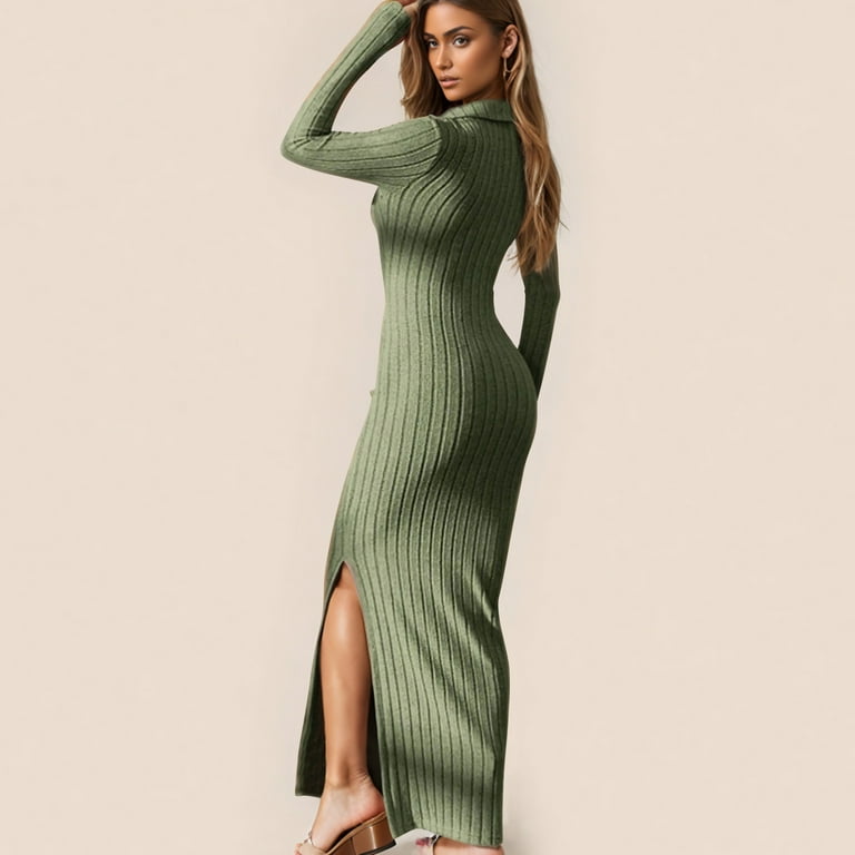 Wrkekc Sweater Dress for Women Solid Color Long Sleeve V-Neck Midi Dress for Fall Winter Knit Fabric Collared Neck Ribbed Detail with Back Zip and
