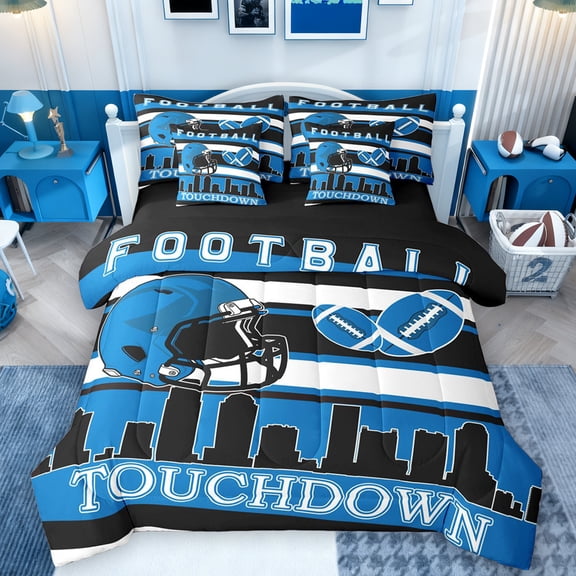Manfei Cartoon Rugby Helmet Twin Bedding Sets 7-Piece for Kids, Modern American Sports Bedding Comforter Set, Football Touchdown Reversible Sheet Sets, Microfiber Bedroom Decor