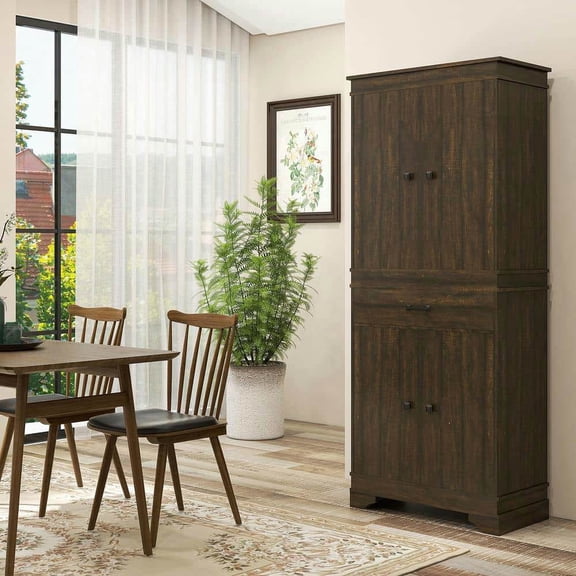 Spaco 72" 4-Door Kitchen Pantry, Kitchen Cabinet with Drawer and 3 Shelves, Freestanding Cabinet for Indoor as Kitchen, Bar, Dining Room, Dark Brown
