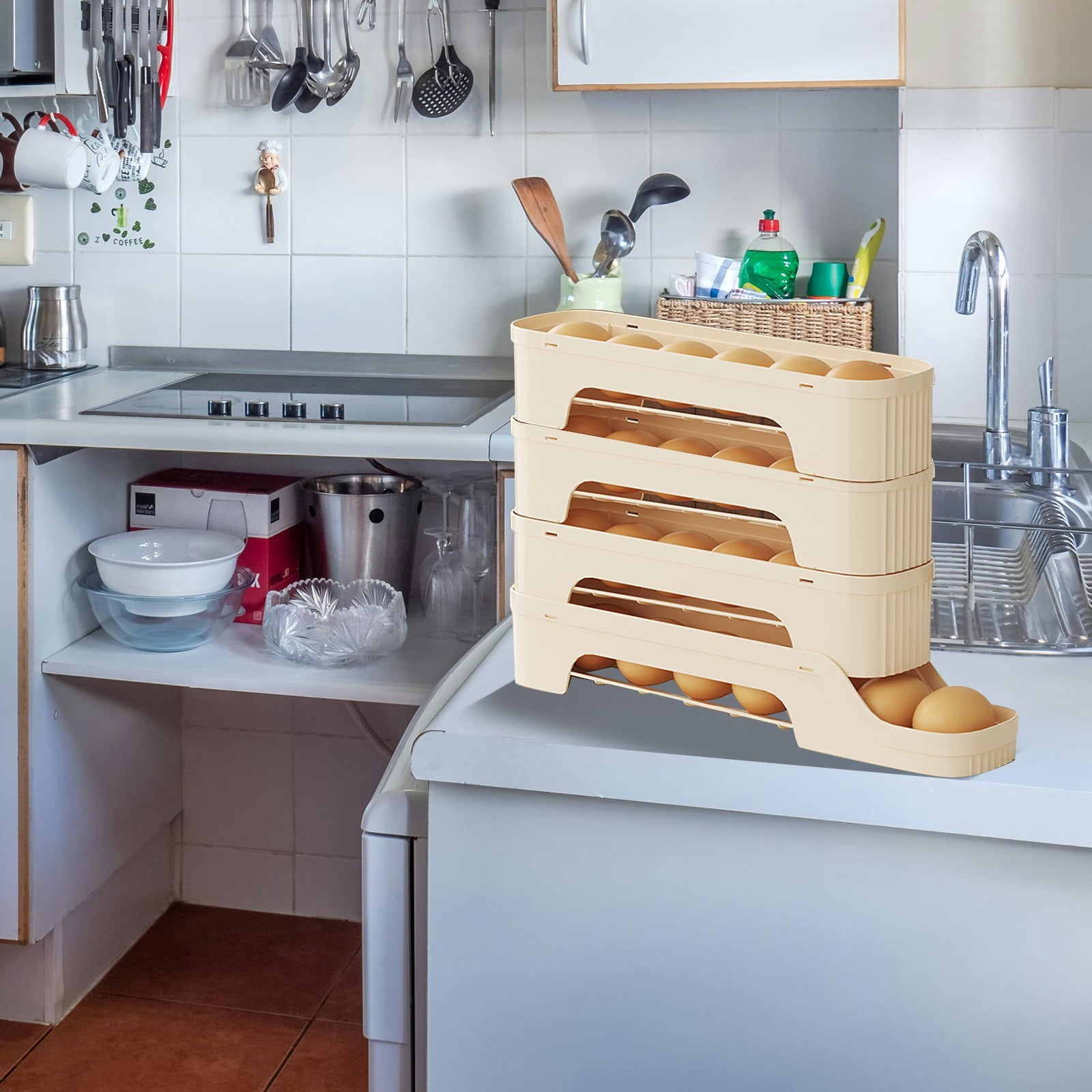Large Capacity Automatic Rolling Refrigerator Egg Holder Organizer Stackable Sliding Food Grade Tray For Kitchen Fridge Storage