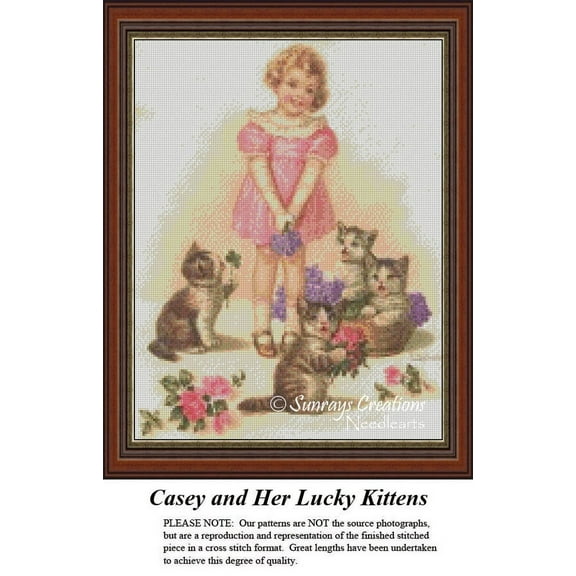 Vintage Cross Stitch Pattern | Casey and Her Lucky Kittens (Pattern Only, You Provide The Floss and Fabric)