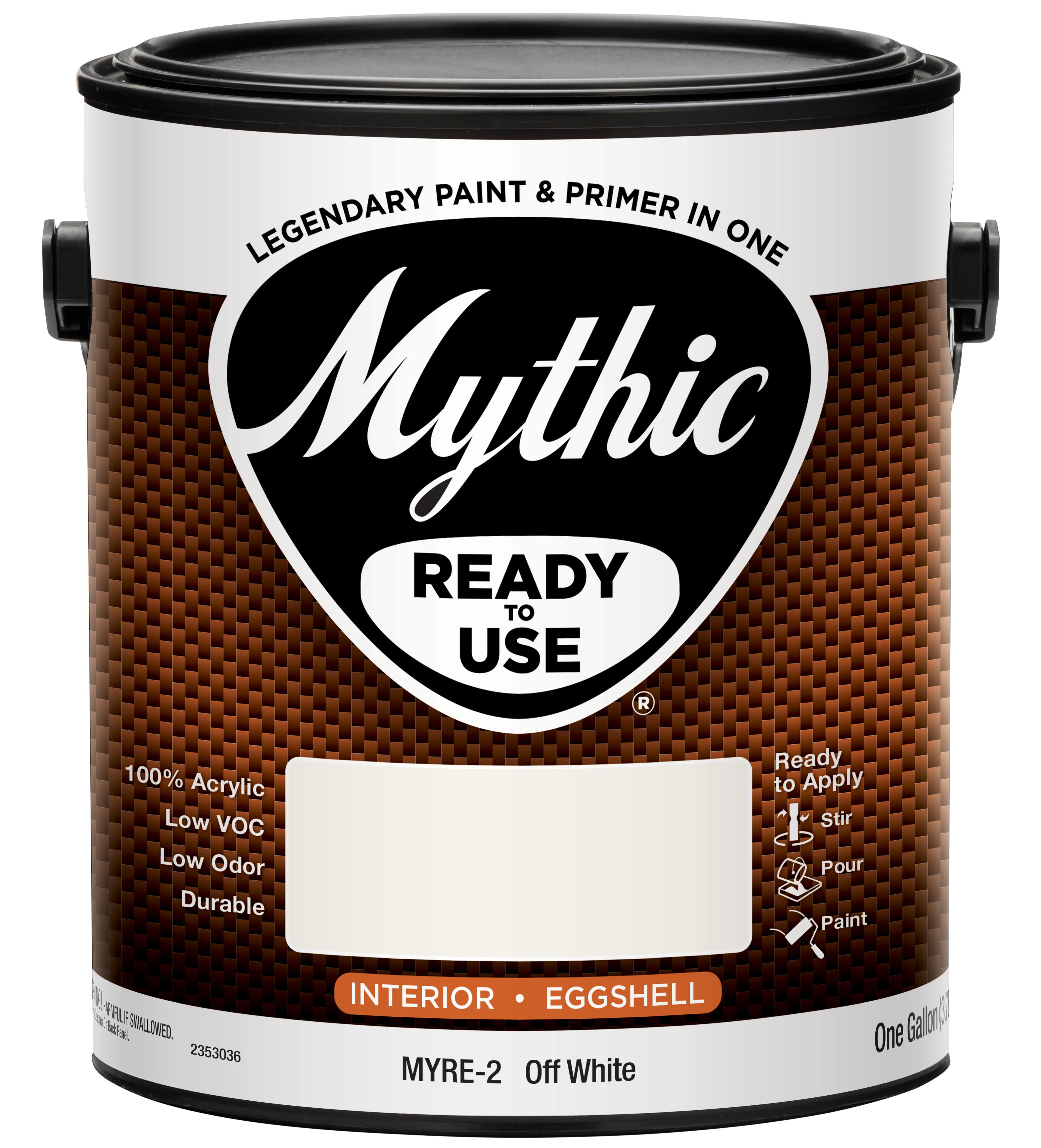 Mythic Ready to use Colors, Gallon, Off White, Interior Eggshell Acrylic Latex Paint, Non-Spatter Formula, Quick Dry, Easy Soap & Water Clean Up, VOC Less Than 50 Grams Per Litre.