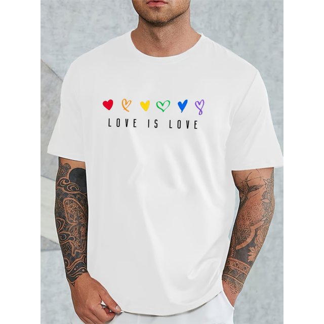 Camiseta de hombre con estampado de arcoíris y letras del orgullo, cuello redondo, manga corta, para deportes y tiempo libre.