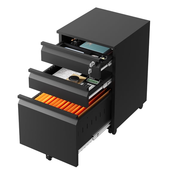 GALAXHERO File Cabinet 3 Drawer, Metal Filing Cabinet on Wheels for Home Office, Under Desk Storage with Lock, Fits Letter/A4/Legal Size, Black