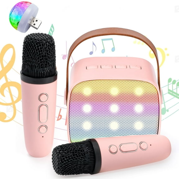 JakMean Mini Karaoke Machine for Kids, Christmas Portable Bluetooth Speaker with 2 Wireless Mic & LED Light for Singing, Birthday Gift for Girls Boys Family Home Party