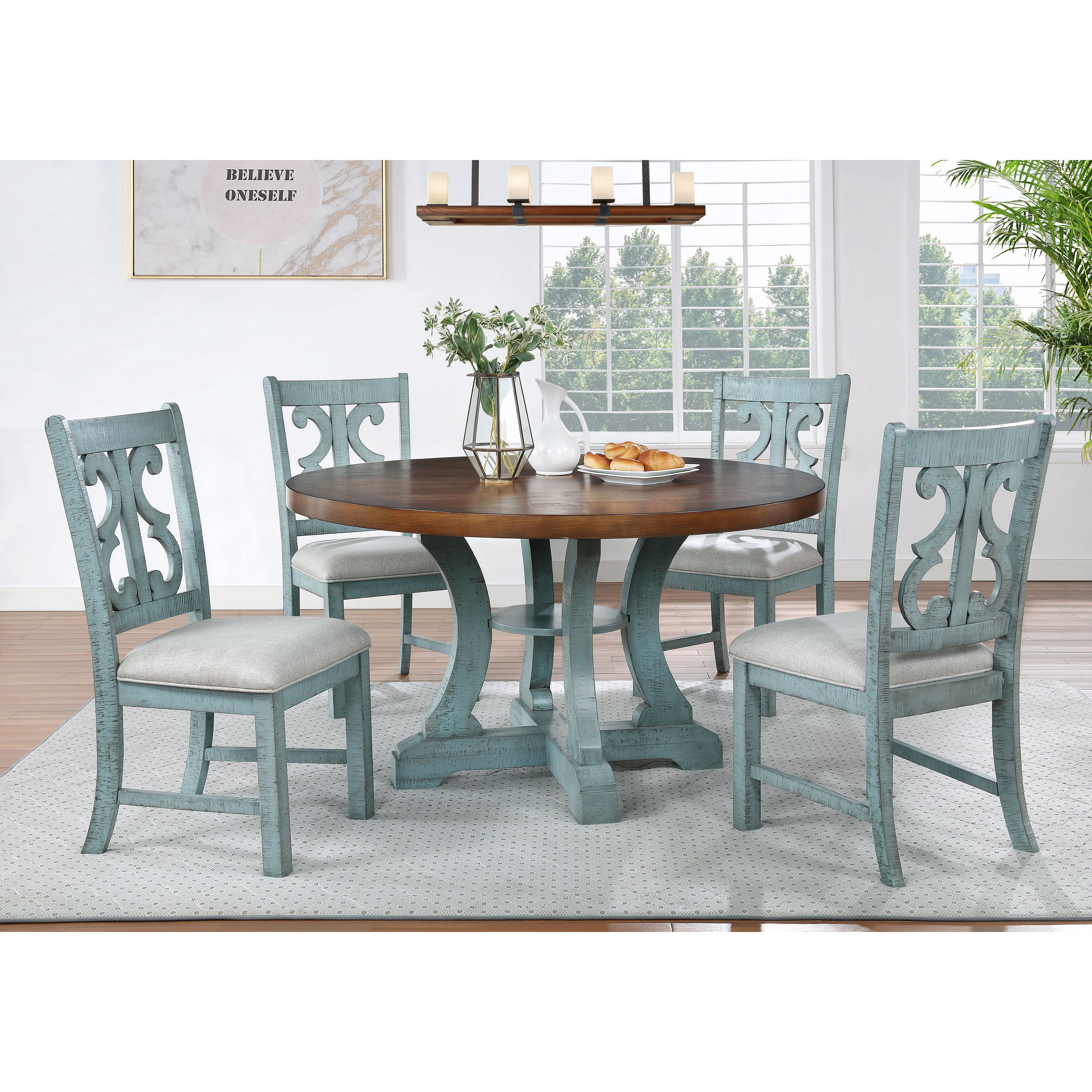 Furniture of America Feli Indoor Contemporary Round MDF Dining Table, Antique Light Blue/Dark Oak