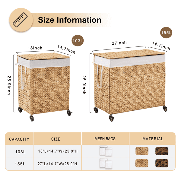 100L 2-Section Laundry Hamper with Lid and Wheels, Woven Natural Water Hyacinth Rolling Laundry Hamper
