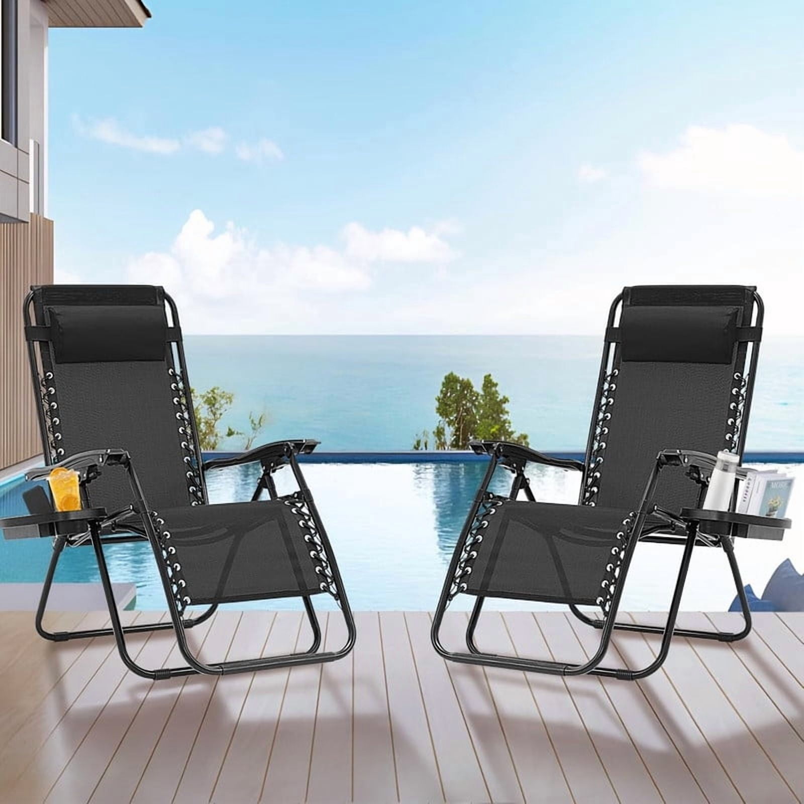 Simenmax Zero Gravity Chair Set of 2 with Cup Holder & Removable Pillows, Adjustable Reclining Outdoor Patio Folding Chairs Portable Lounge Chair Furniture for Poolside, Lawn, Beach, Camping, Black