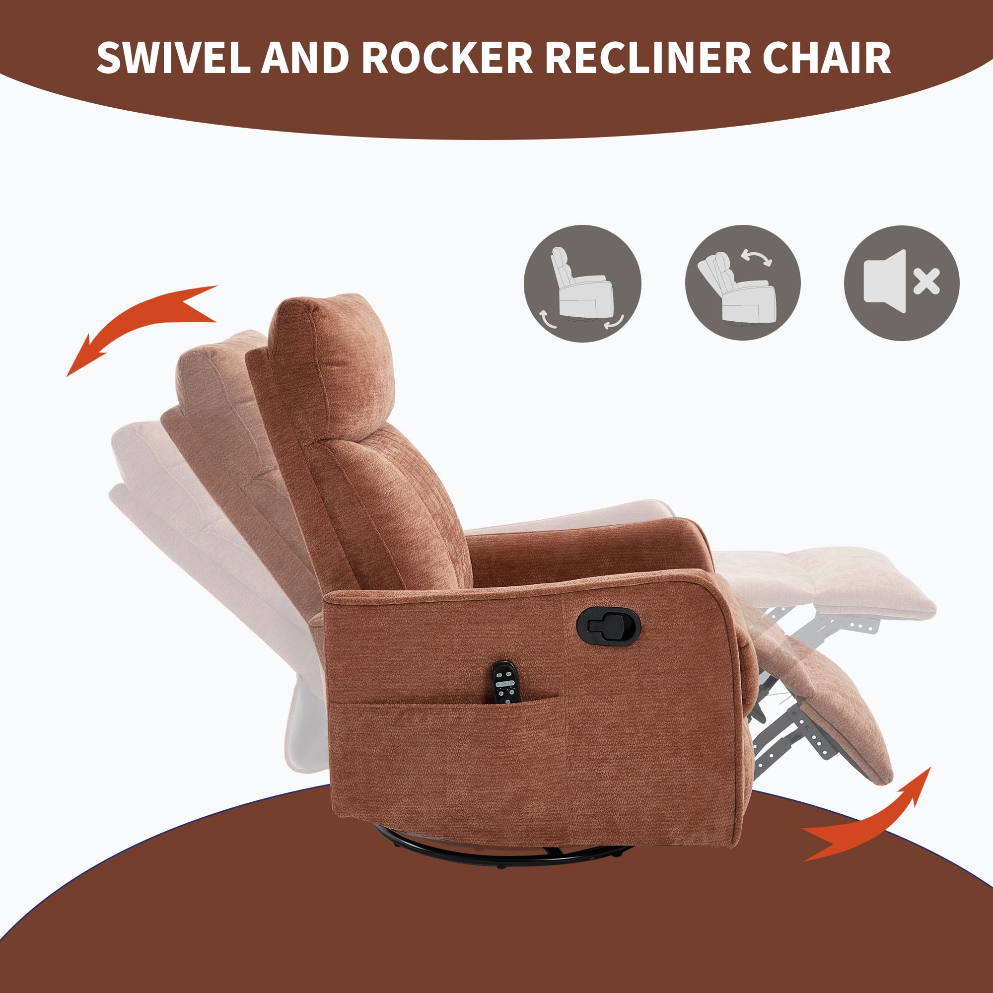 MAYEERTY Chenille Swivel Rocker Recliner Chair, Manual 155° Recline Glider Chair with 8-Point Vibration Massage & Lumbar Heat, for Living Room Nursery Home Office