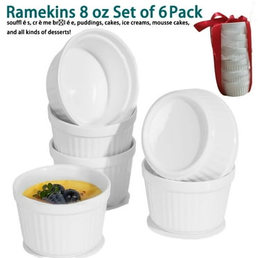 6-Pack White Ceramic Ramekins, 8oz Oven-Safe & Refrigerator Safe, No Lid - Ideal for Creme Brulee, Souffles, Custard, Pudding, Dipping Sauces