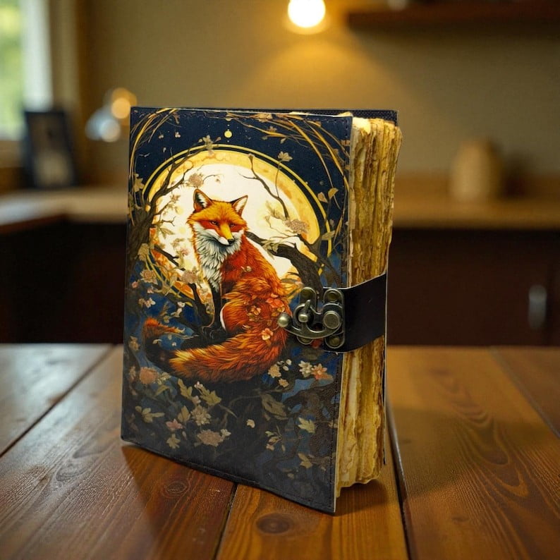 Handmade Leather Journal with Fox Artwork – 5x7 Inch Vintage Notebook, 200 Pages, Rustic Handmade Paper, Locking Strap – Writing, Sketching & Gift Journal
