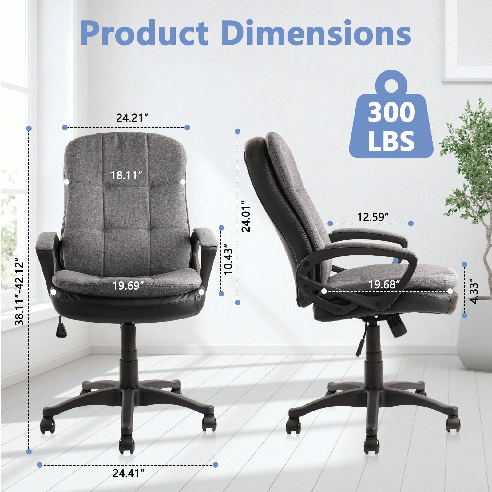 CLATINA Cloth Fabric Office Chair, 360° Swivel Rolling Desk Chair with Soft Upholstered Support Backrest, Adjustable Height Mid Back Ergonomic Computer Task Chairs with Arms and Wheels, Grey, 300LBS