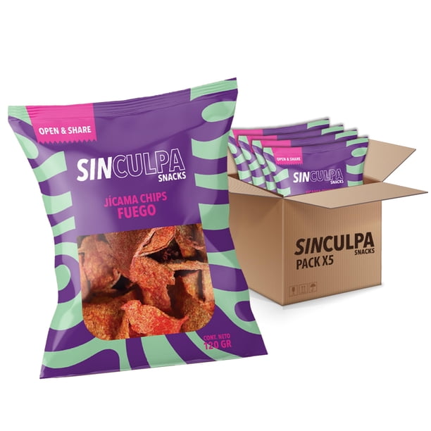 SIN CULPA Snacks Saludables | Chips de Jícama Deshidratada | Snack Natural, Crujiente y Bajo en Carbohidratos | Botana Vegana, Keto y Sin Gluten | 5 Bolsas de 120g | Sabor Fuego