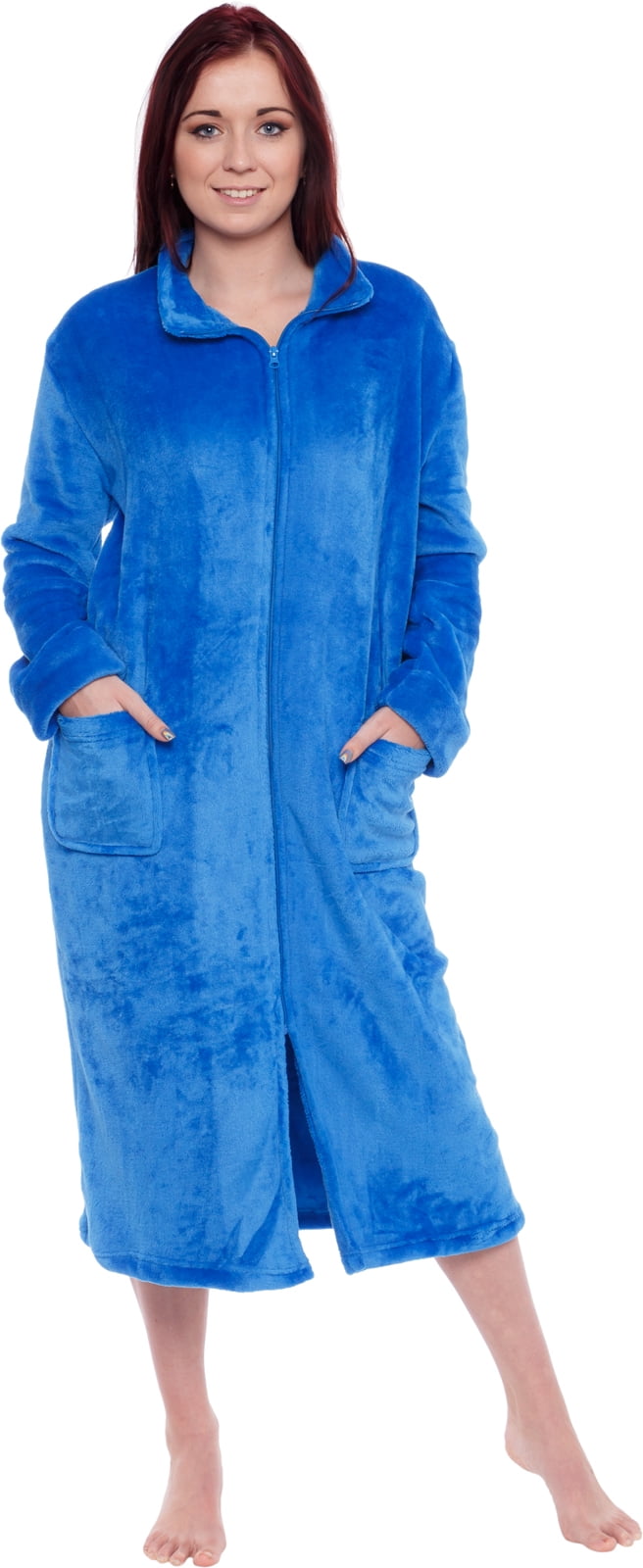 Silver Lilly Women's Full Length Zip Up Robe Plush Fleece Long Zipper Housecoat (Blue, 2X