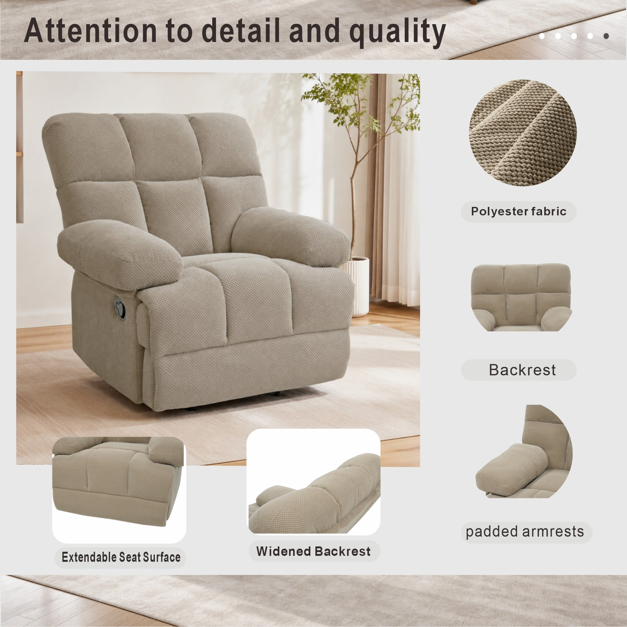 Noble House Modern Manual Rocker Recliner Chair with Nubby Upholstery Fabric, Padded Arms, Camel