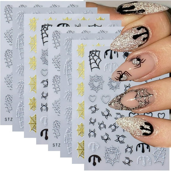 8Sheets Spider Nail Stickers for Nail Art, Spider Web Nail Decals 3D Self-Adhesive Halloween Nail Art Sticker Holiday Gold Silver Black Spider Spider Web Nail Design Supplies Kit for Women and Girls