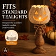 thumbnail image 4 of Rustic White Pumpkin Tealight Candle Holder Set of 3, Farmhouse Jack O Lantern Tea Light Holders with Wood Look Pedestal and Jute Bow, 4 of 7