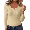 thumbnail image 2 of Women's Long Sleeve Henley Tops Ribbed Knit Slim Fitted Trendy T Shirt Basic Tees Layer 2025 Fall Fashion Outfits Beige L, 2 of 5