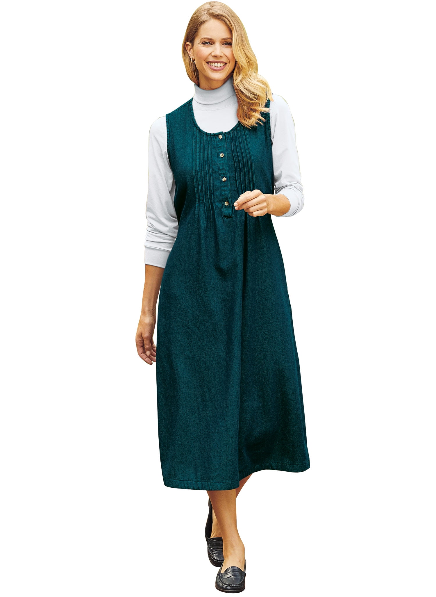 AmeriMark Women's Cotton Denim Pin-Tuck Jumper Dress - Casual Knee Length  Dress Evergreen LG - Walmart.com
